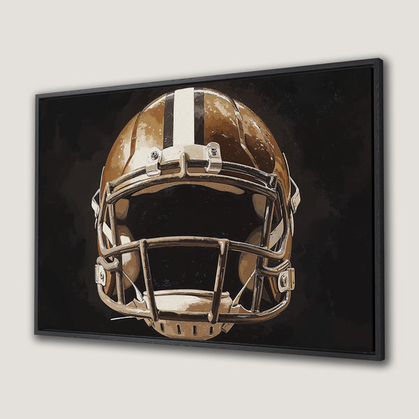 Framed Wall Art: Football helmet artwork in vintage style with a gold, brown, and black color palette. Perfect for a sports-themed room!