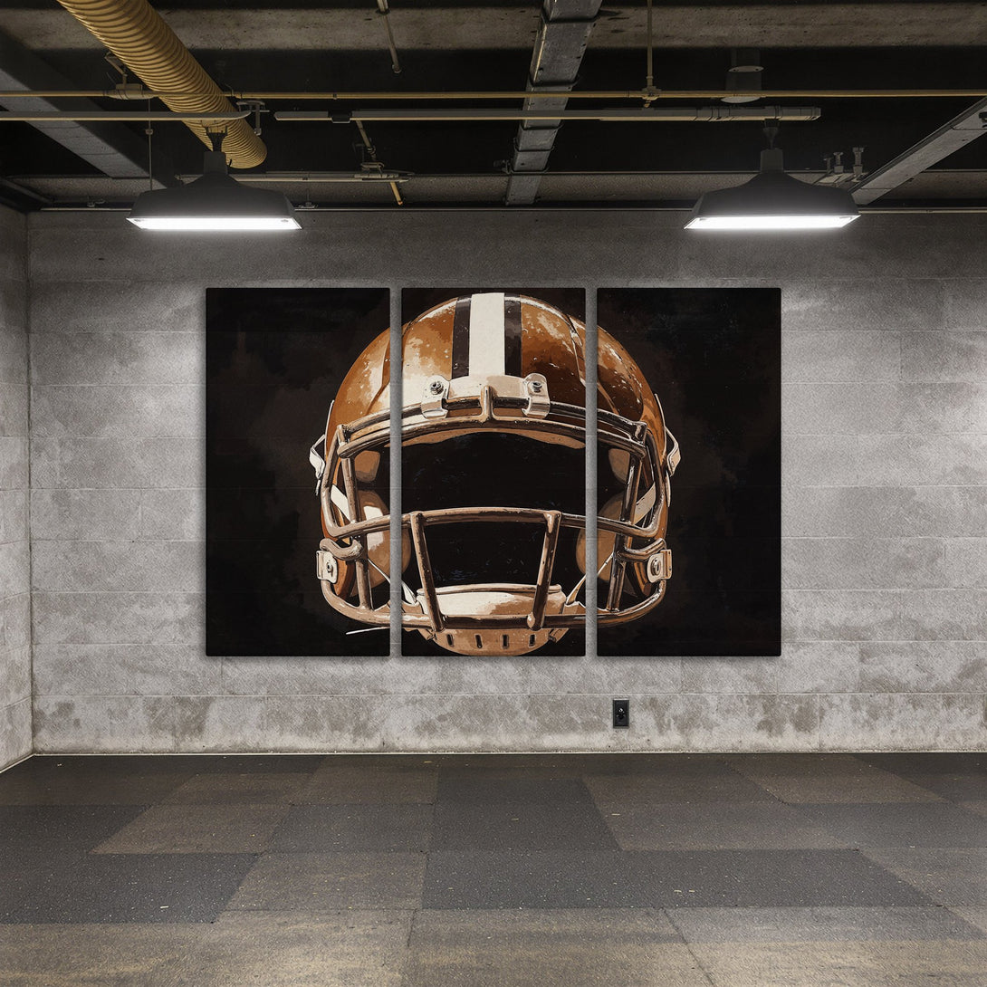 Canvas Print of a football helmet in a modern style, featuring a brown and black color palette, perfect for sports fans.