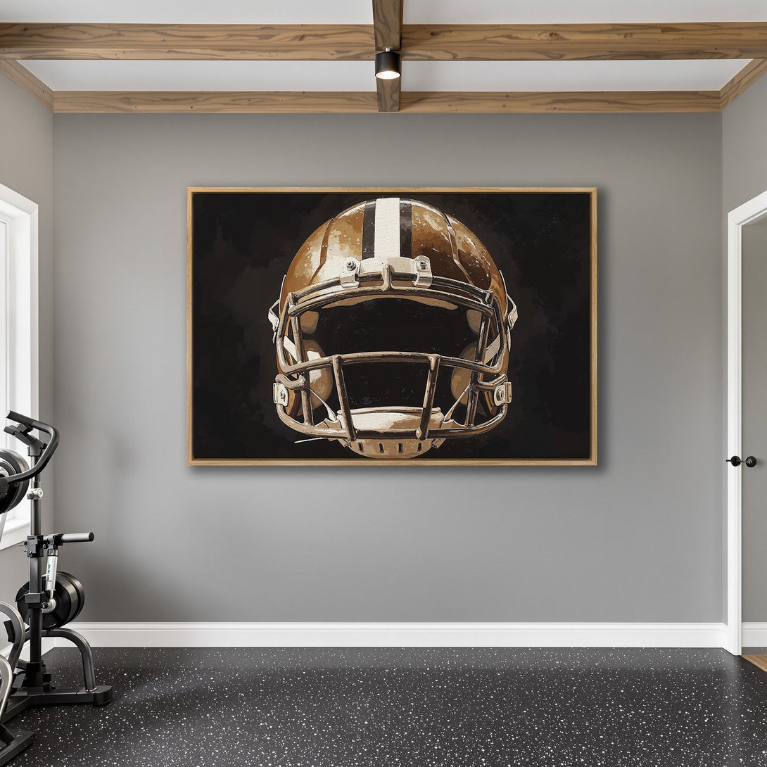 Framed Wall Art featuring a football helmet in a modern style with a brown and black color palette, perfect for sports fans.