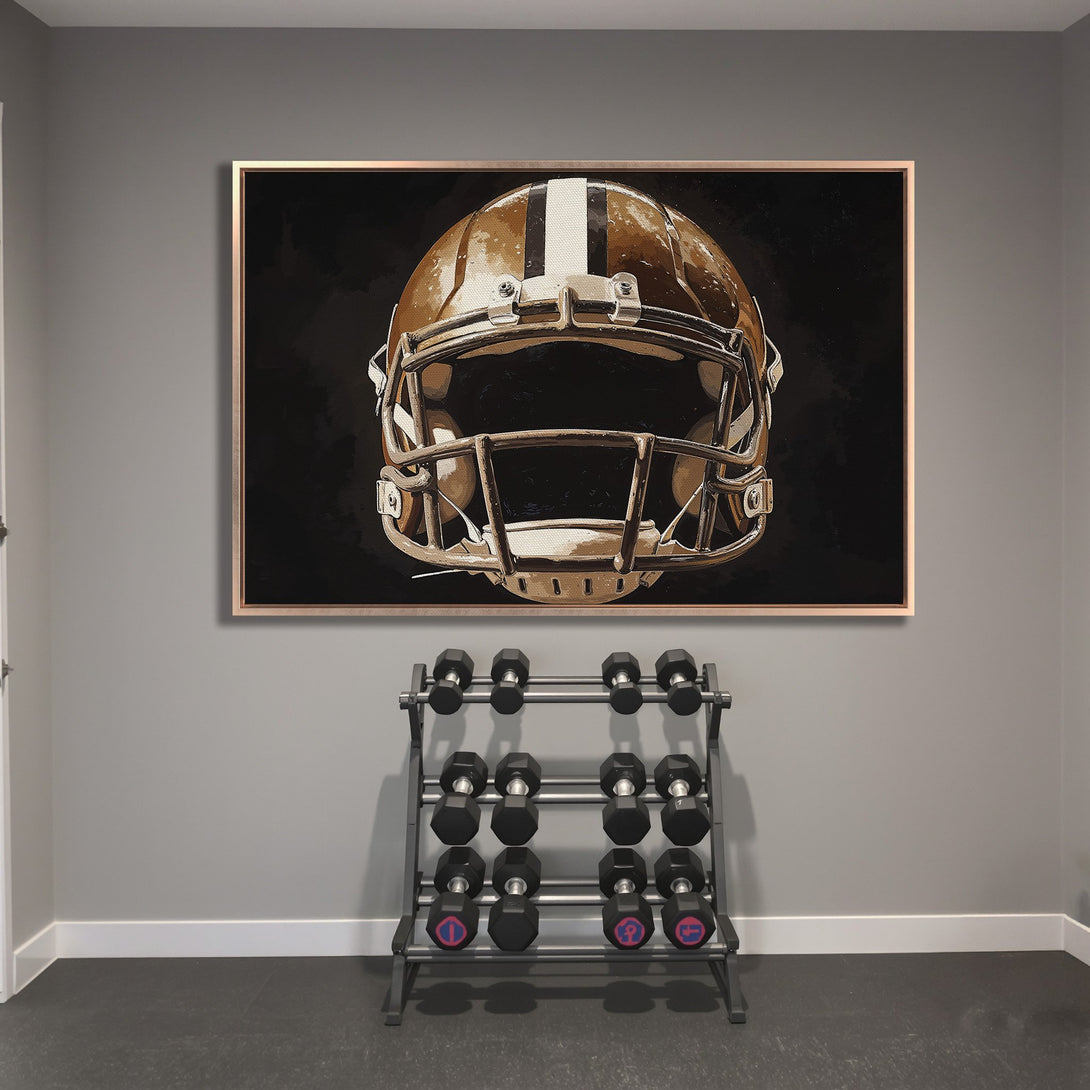 Framed Wall Art: Football helmet canvas print in neutral tones, perfect for a gym or sports-themed decor. Modern style, black, brown, and white palette.