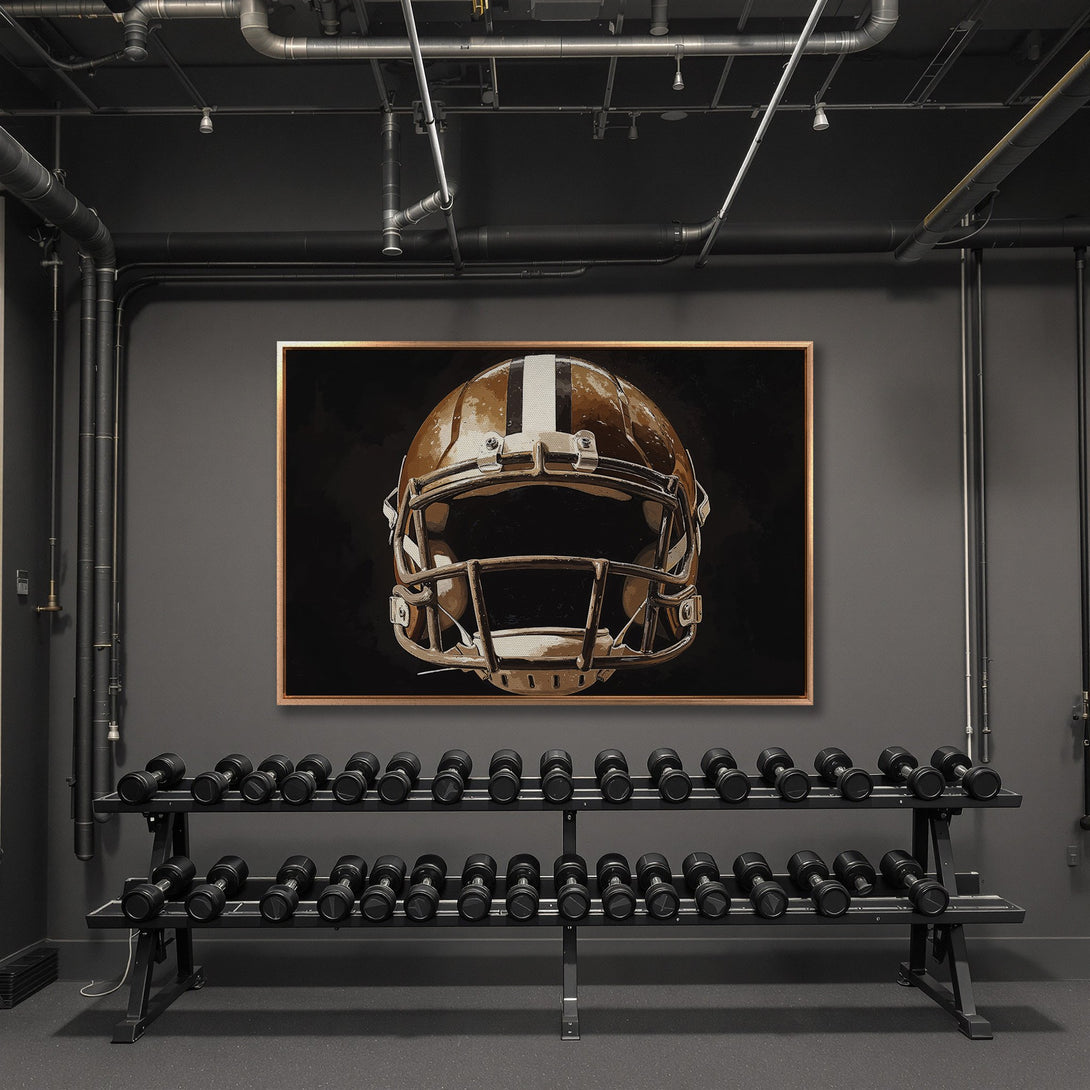 Framed Wall Art: Football helmet canvas print in a modern gym. Neutral color palette with brown, white, and black tones. Perfect for sports fans!