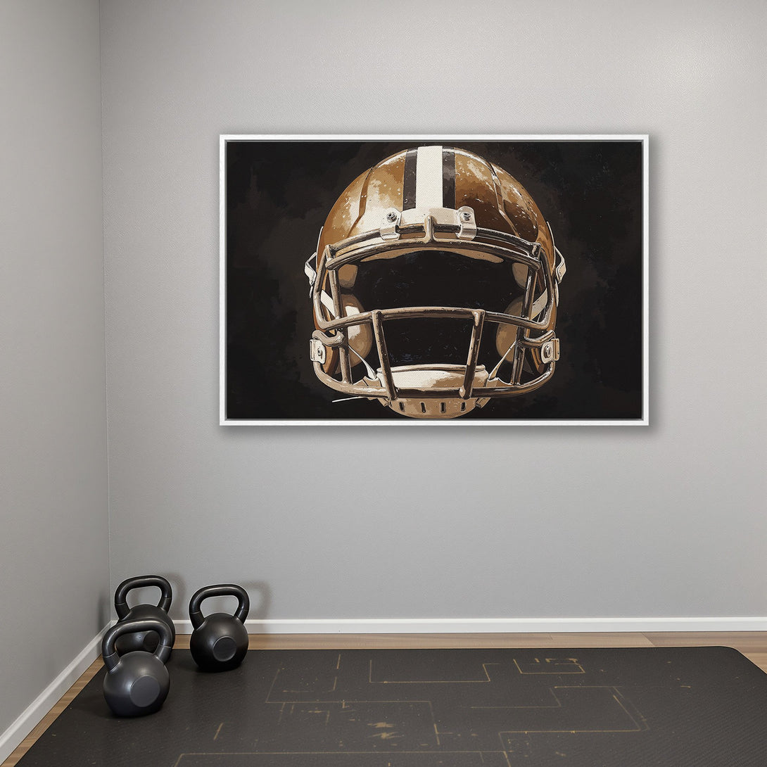 Framed Wall Art: Football helmet canvas print in warm brown tones. Modern art for sports fans. Elevate your space with this stylish and unique decor.