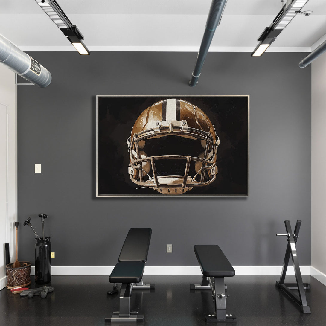 Framed Wall Art: Football helmet art in a modern gym. Neutral color palette with brown, white, and black. Perfect for sports fans and home decor.