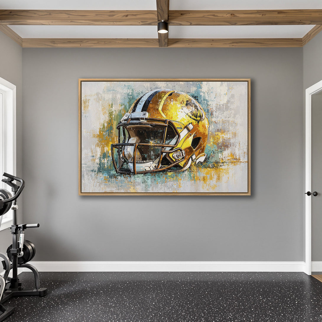 Framed Wall Art: Abstract football helmet art in a modern interior. Features a yellow, blue, and brown color palette. Perfect for sports fans!