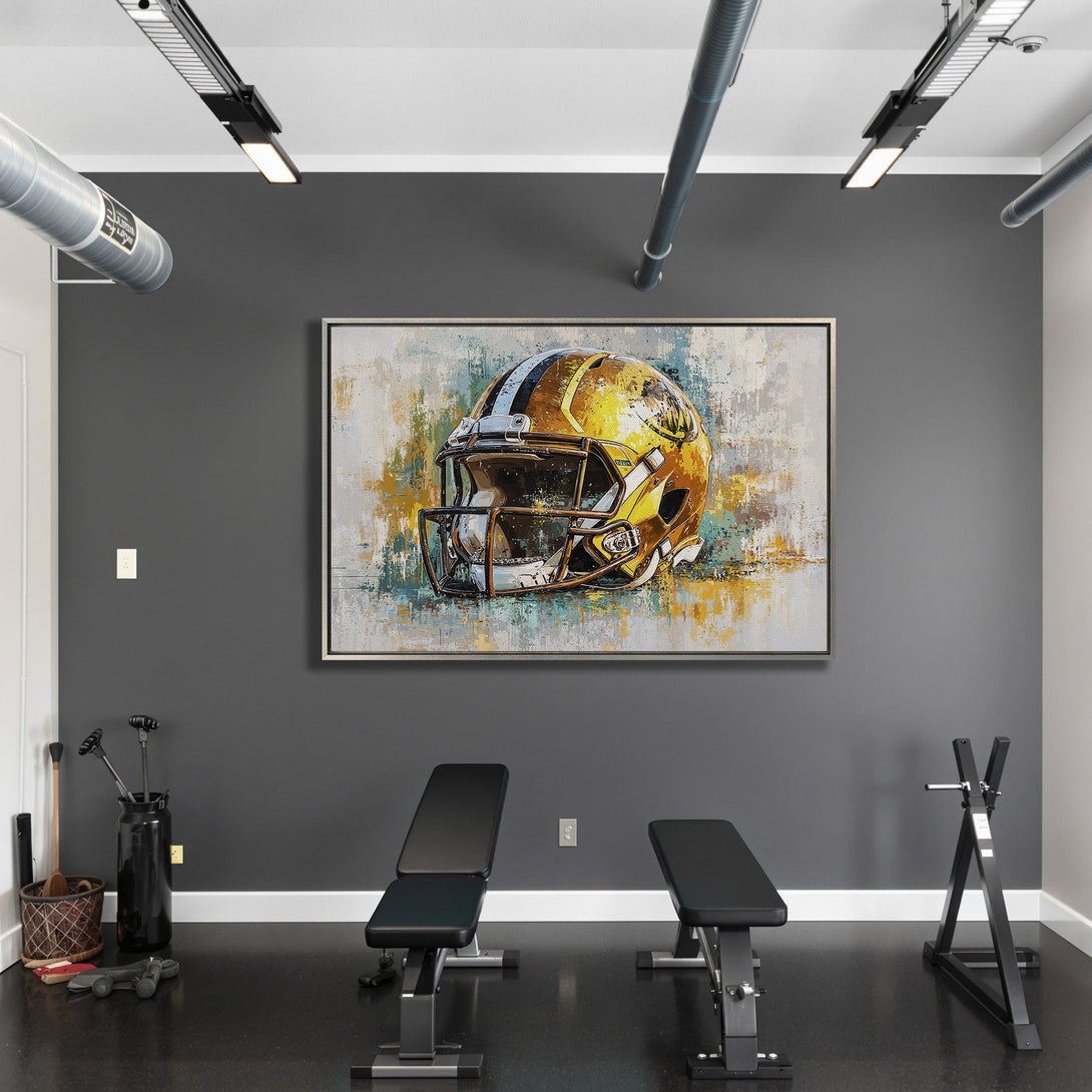 Framed Wall Art: Abstract football helmet art with a gold, teal, and white color palette. Perfect for a sports-themed home gym or office.