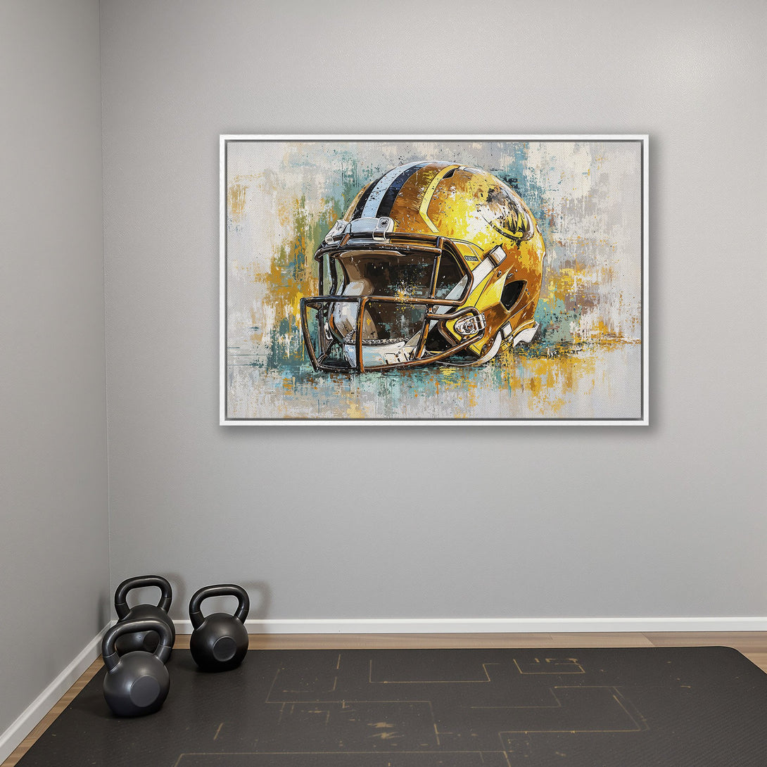 Framed Wall Art: Abstract football helmet canvas print with a yellow, blue, and neutral color palette. Perfect for sports fans and home decor.