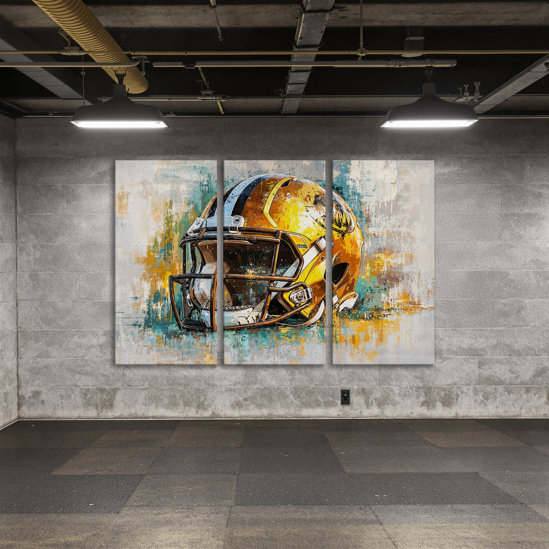 Abstract Canvas Print of a football helmet in yellow, blue, and gold. Modern art for your home, perfect for sports fans.