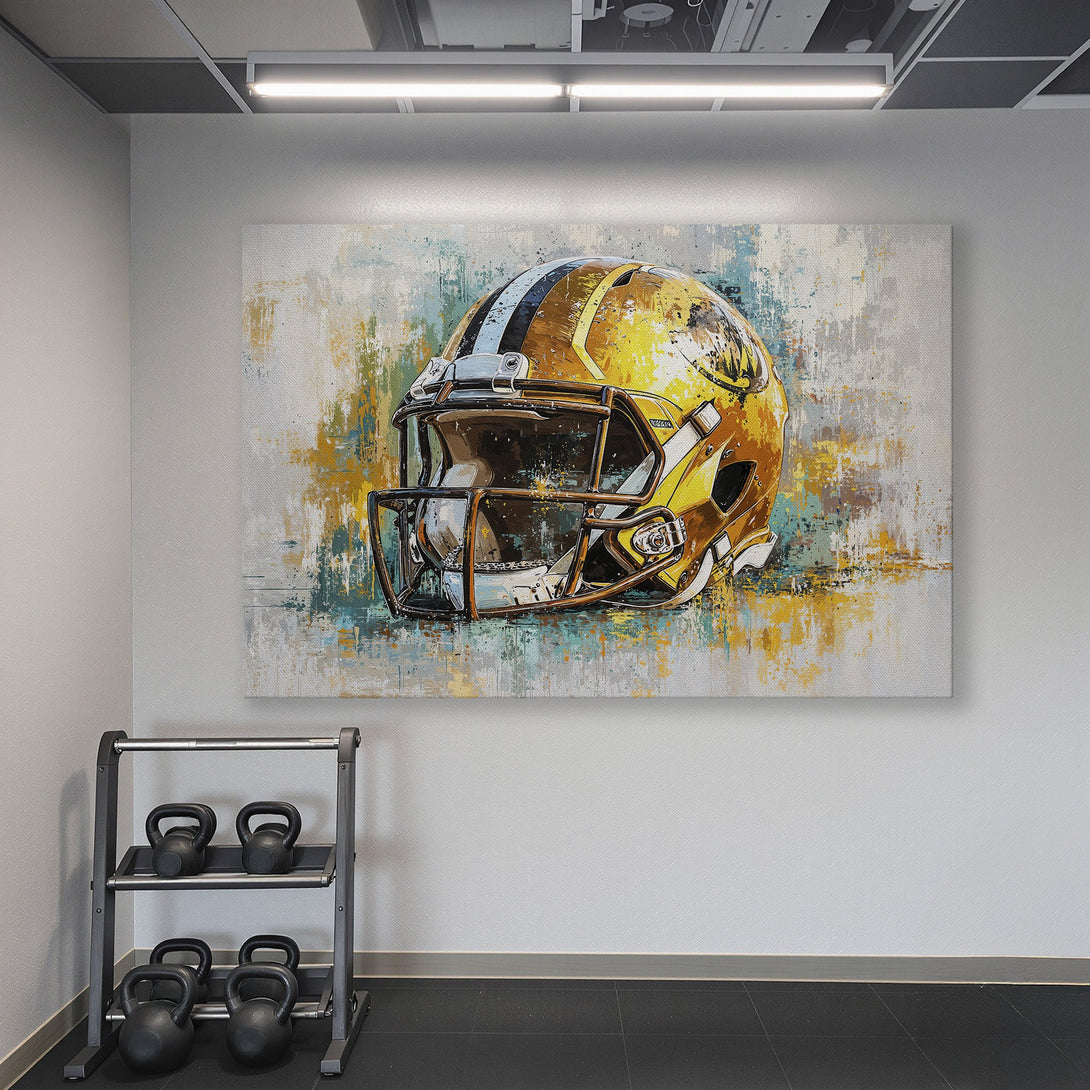 Framed Wall Art: Abstract football helmet canvas print in a modern gym. Features a yellow, brown, and teal color palette. Elevate your space!