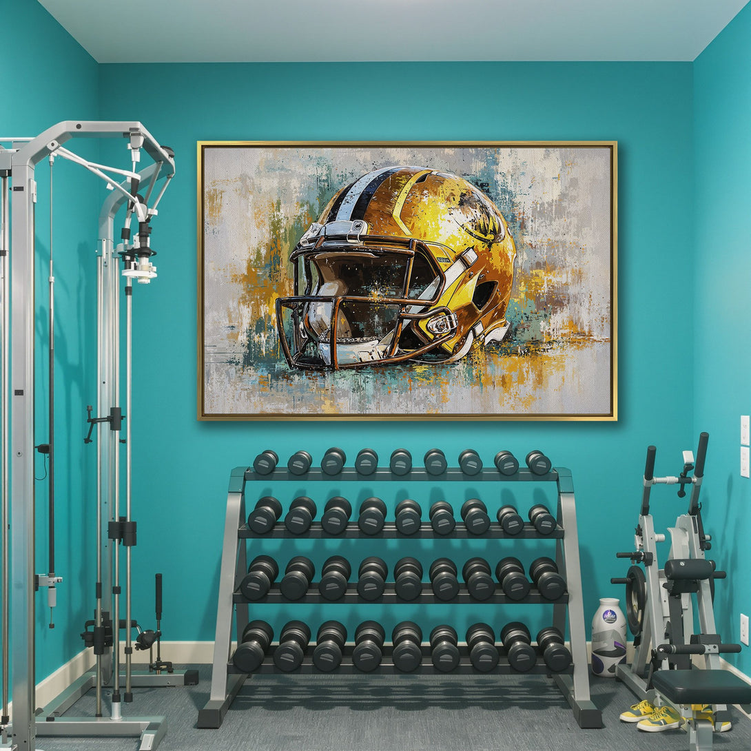 Canvas Print of a football helmet in abstract style, featuring a yellow and teal color palette. Perfect wall art for sports fans!