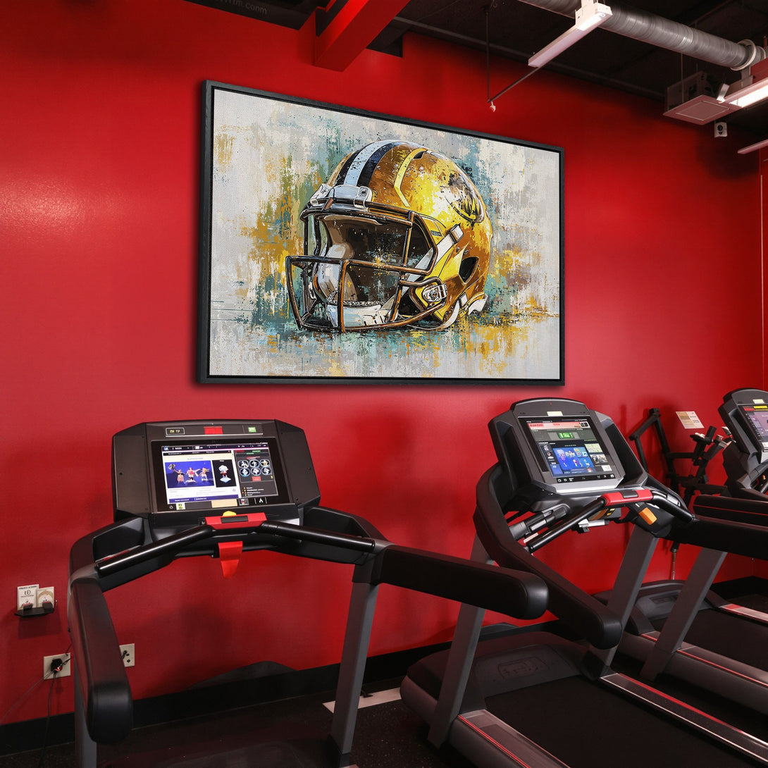 Framed Wall Art: Abstract football helmet art with gold and blue accents. Modern decor in a gym with a red wall. Elevate your space!