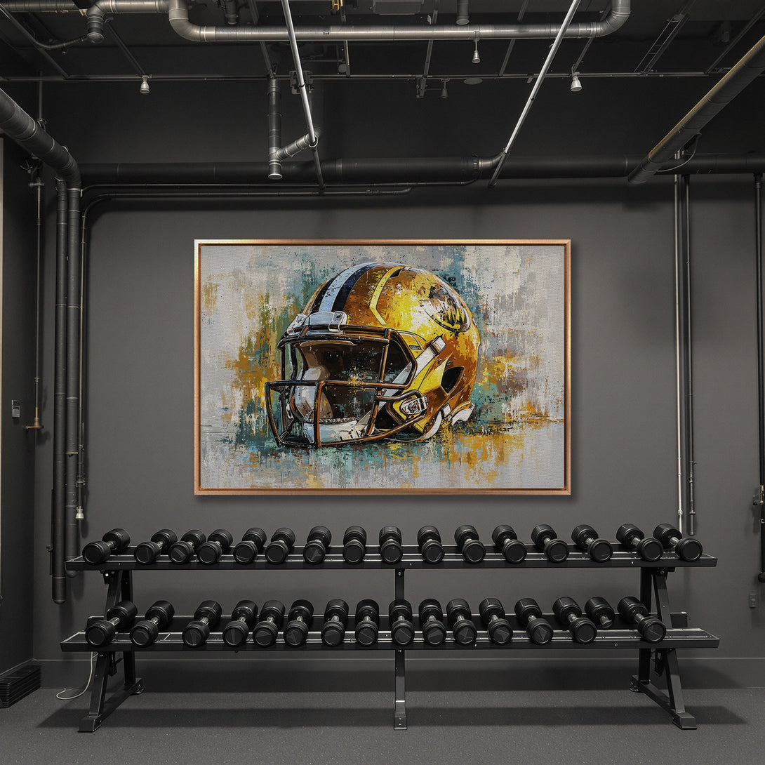 Framed Wall Art of a football helmet, abstract style with gold, blue, and teal palette. Perfect for a gym or sports-themed space.