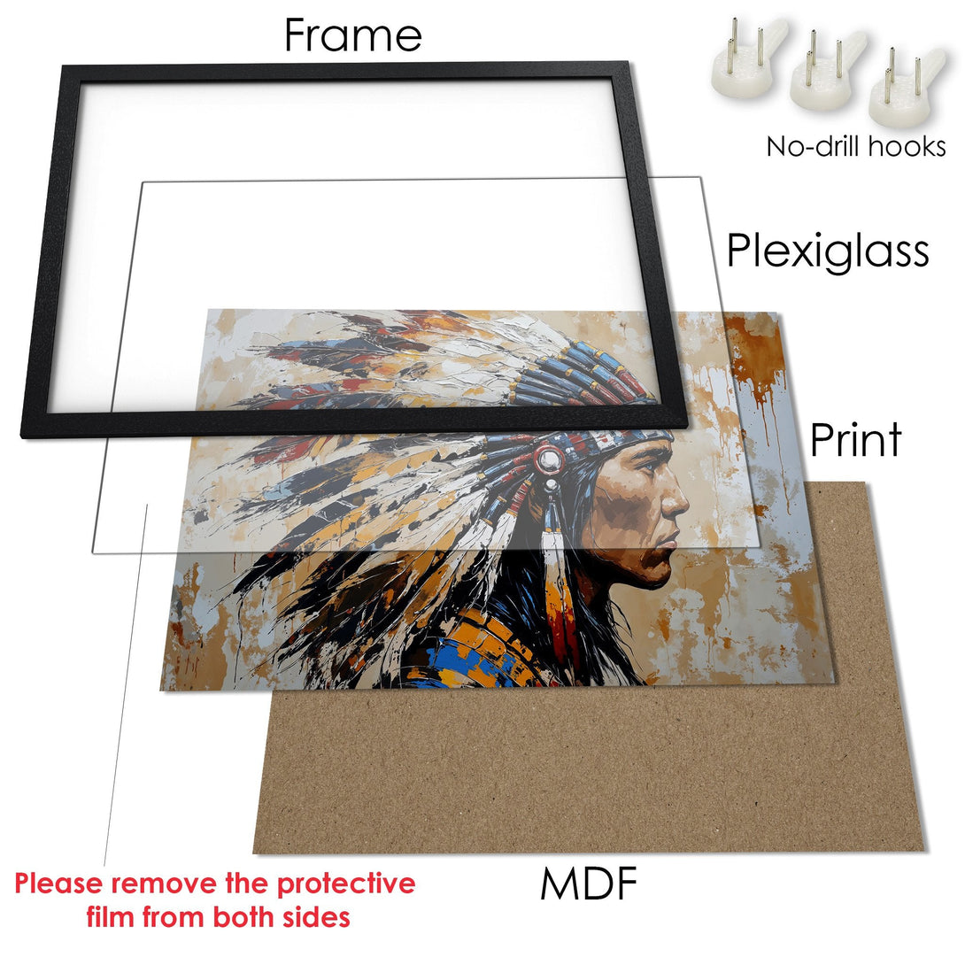 Framed Poster featuring a Native American portrait in a modern art style with earthy tones. Perfect wall art for any space!