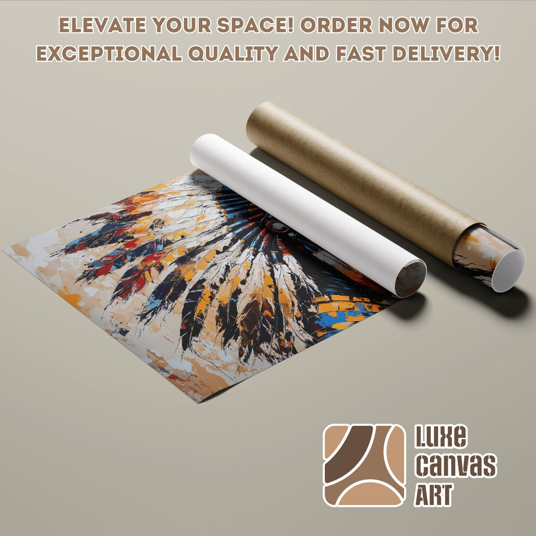 Abstract art poster roll with Native American headdress design, warm color palette. Order now!