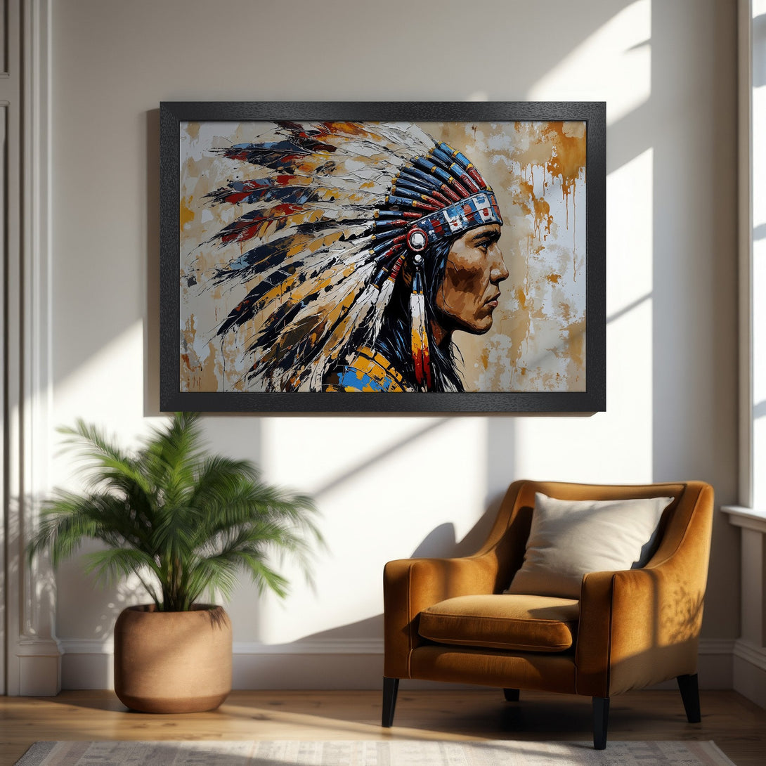 Framed Poster featuring a Native American portrait. Abstract style with warm earth tones and vibrant accents. Perfect wall art for your home!