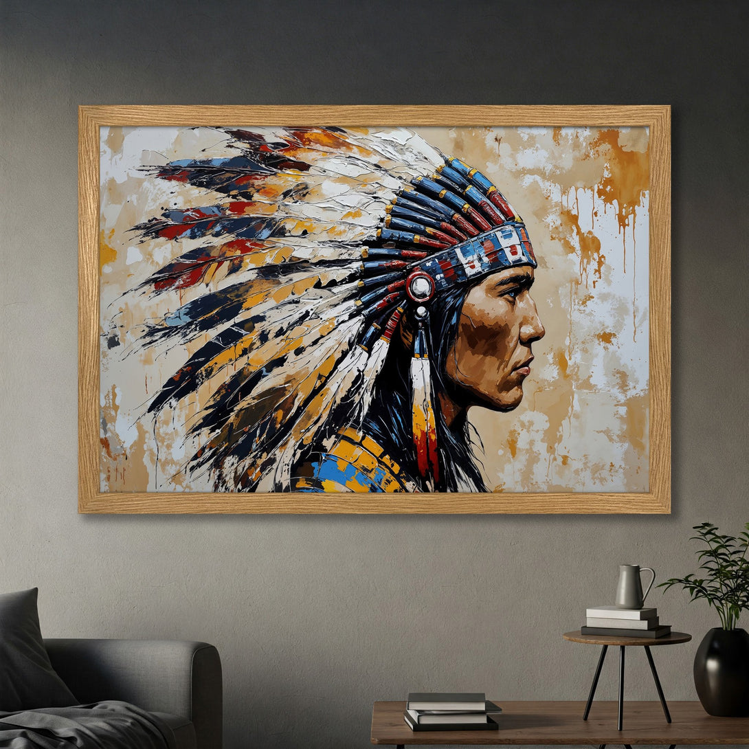 Framed Poster featuring Native American portrait in expressive style with warm, earthy tones. Add a touch of art to your space!