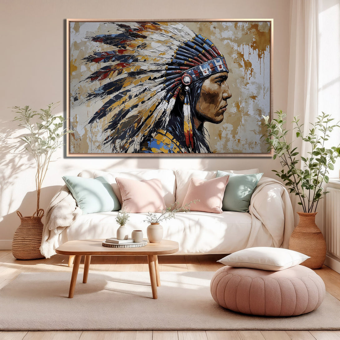 Framed Wall Art: Native American portrait in warm tones. Add a touch of culture and style with this stunning canvas print. Perfect for any room!