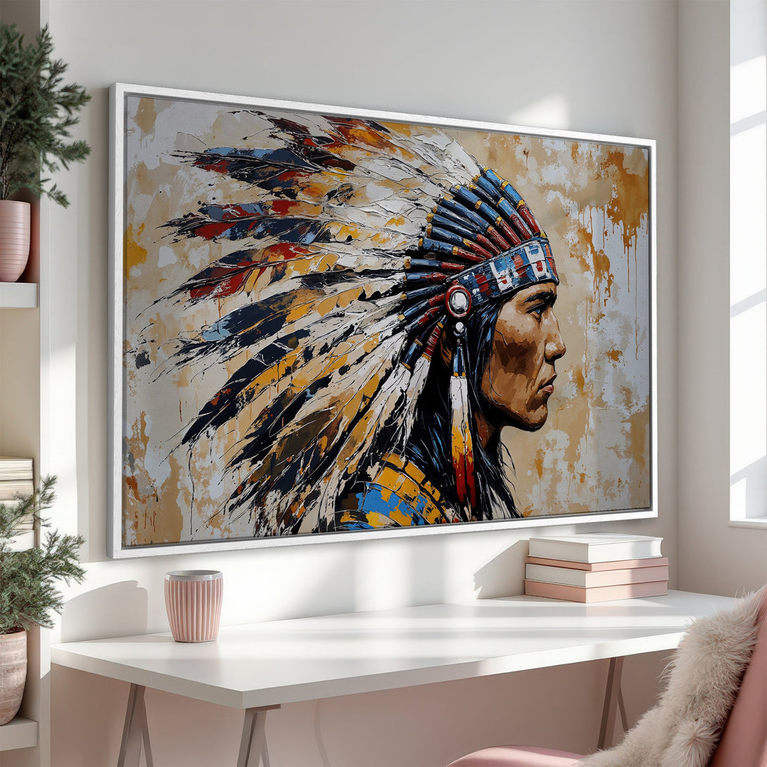 Framed Wall Art: Native American portrait canvas print. Abstract style with warm, earthy tones and vibrant pops of color. Perfect for adding character to any space.