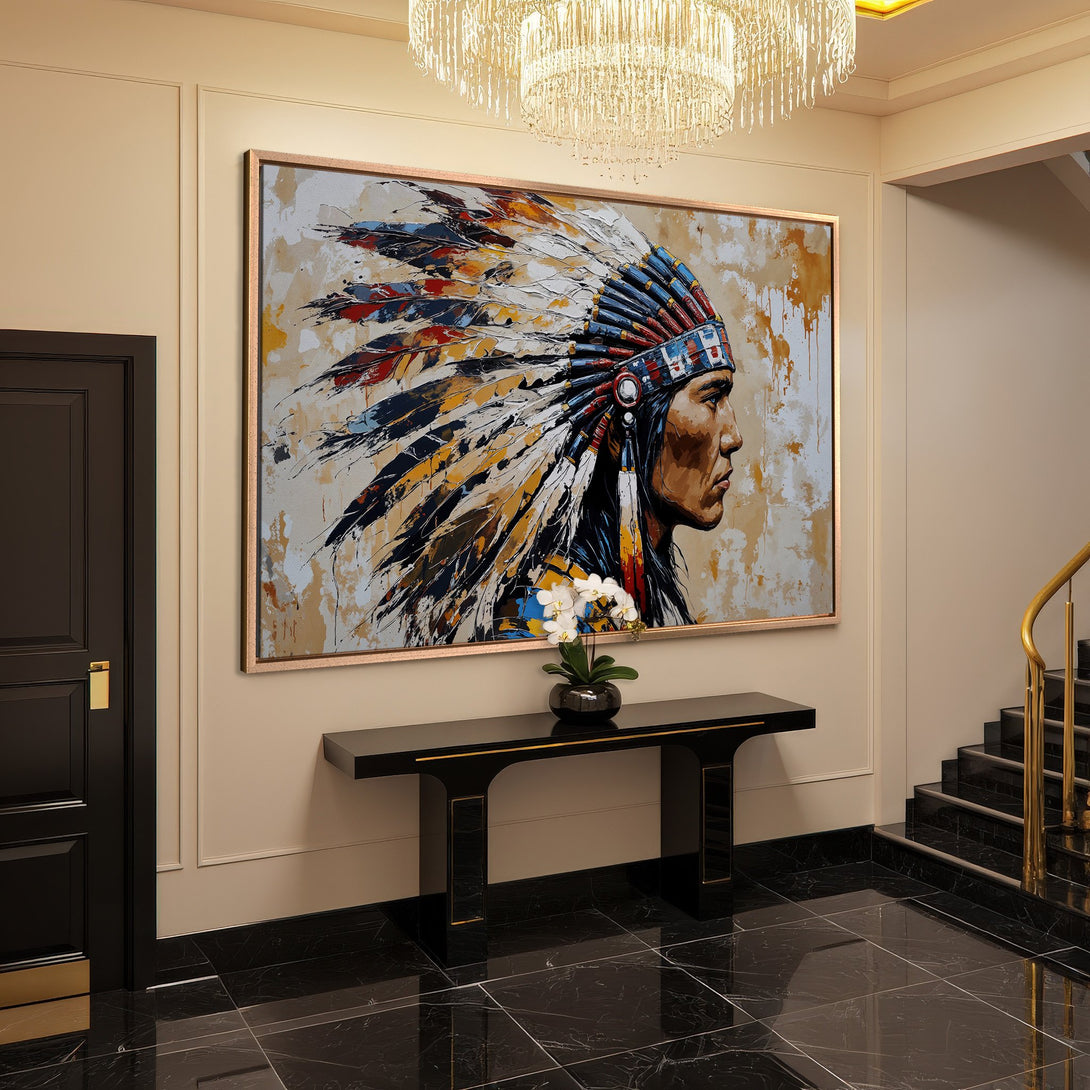 Framed Wall Art: Native American portrait canvas print in a modern interior. Features a vibrant, colorful palette with a neutral background.