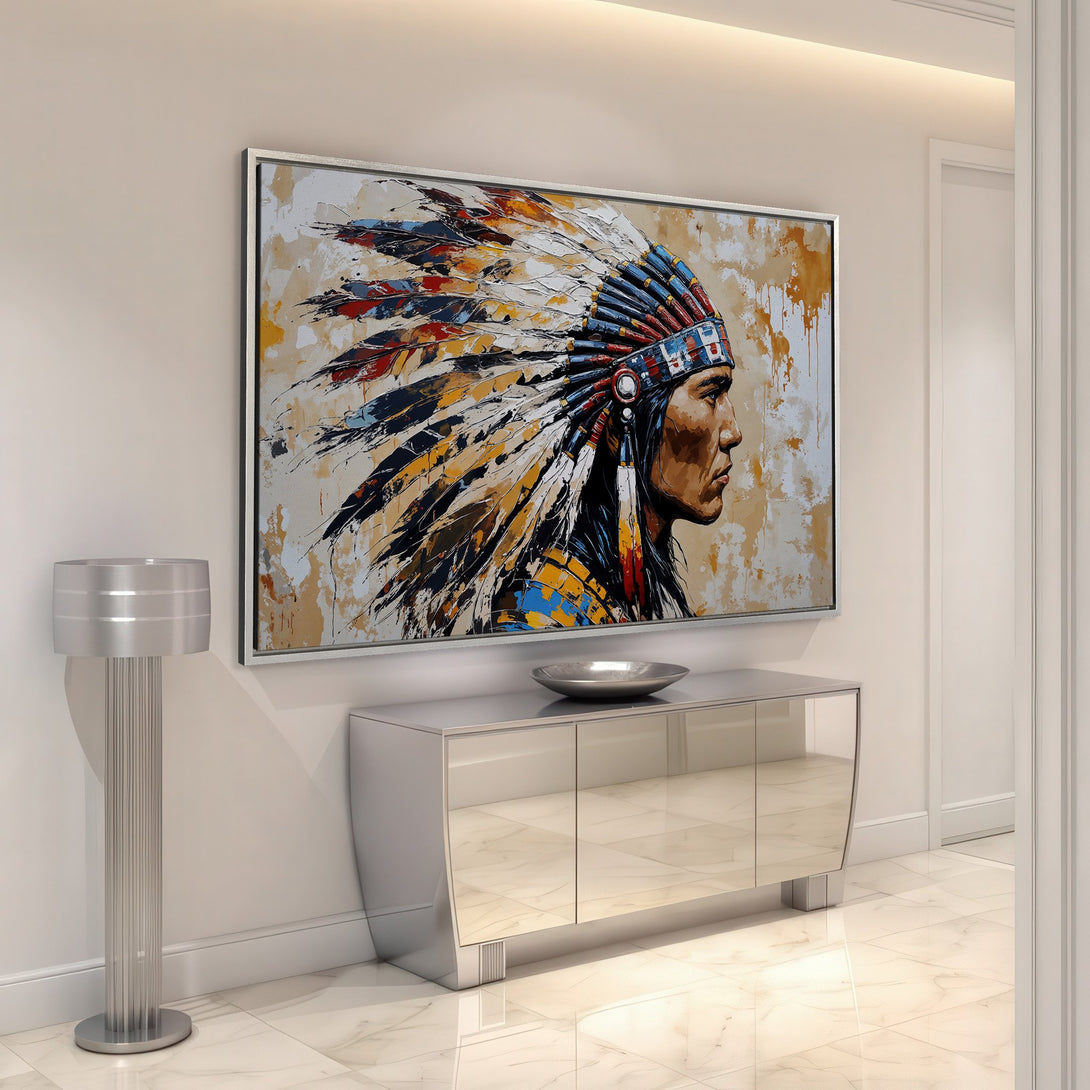 Framed Wall Art: Native American portrait canvas print in a modern interior. Abstract style with warm earth tones, blues, and reds. Perfect for adding cultural art to your home.