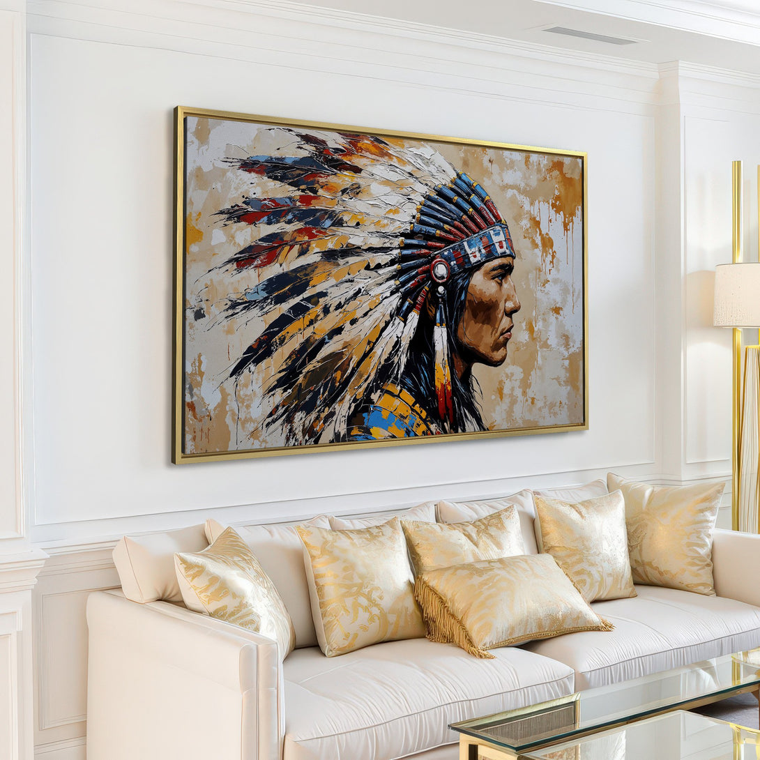 Canvas Print of Native American portrait in neutral tones, adding a touch of cultural art to your home.