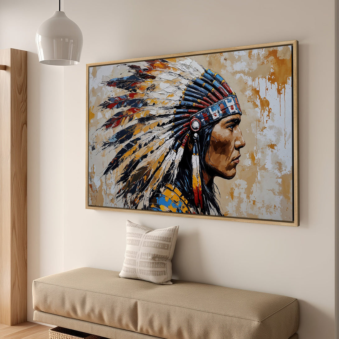 Framed Wall Art: Native American portrait in a modern, abstract style. Earthy tones with pops of blue, red, and yellow. Perfect for adding character.
