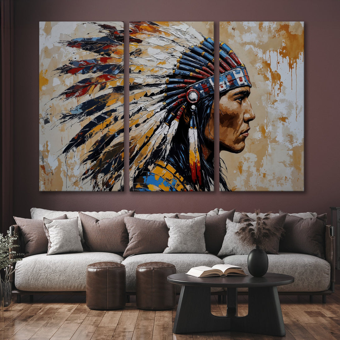Canvas Print of Native American portrait, abstract style, warm color palette. Perfect for living room decor.