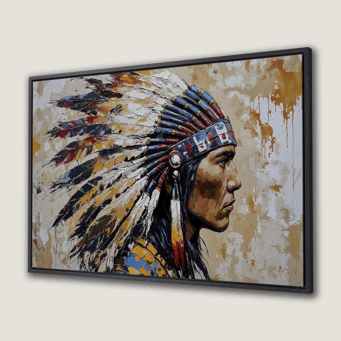 Framed Wall Art: Native American portrait in warm tones. Textured painting style with a brown, yellow, and blue color palette. Elevate your space!