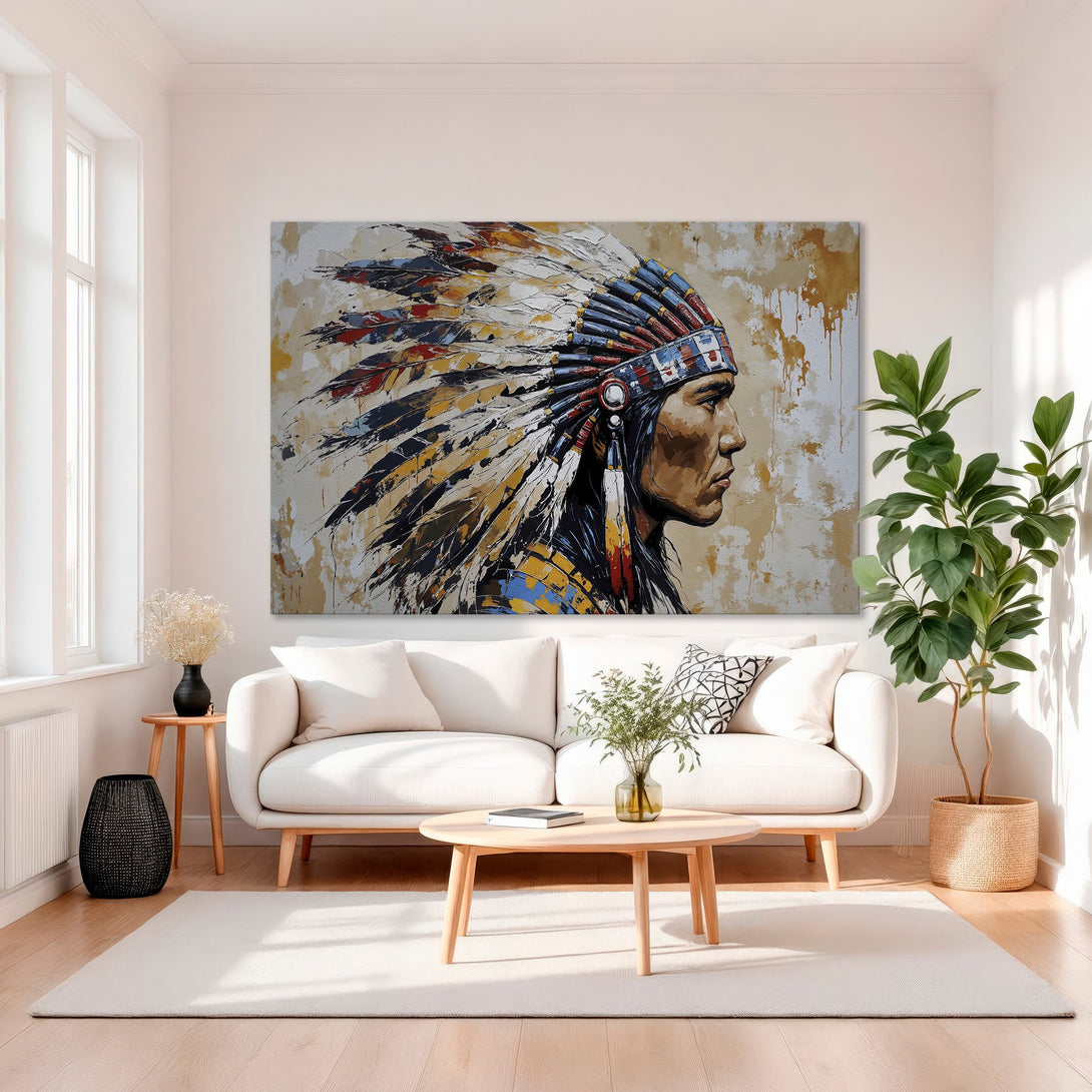 Framed Wall Art: Native American portrait canvas print in warm, earthy tones. Adds artistic flair to any interior. Modern decor with a touch of history.