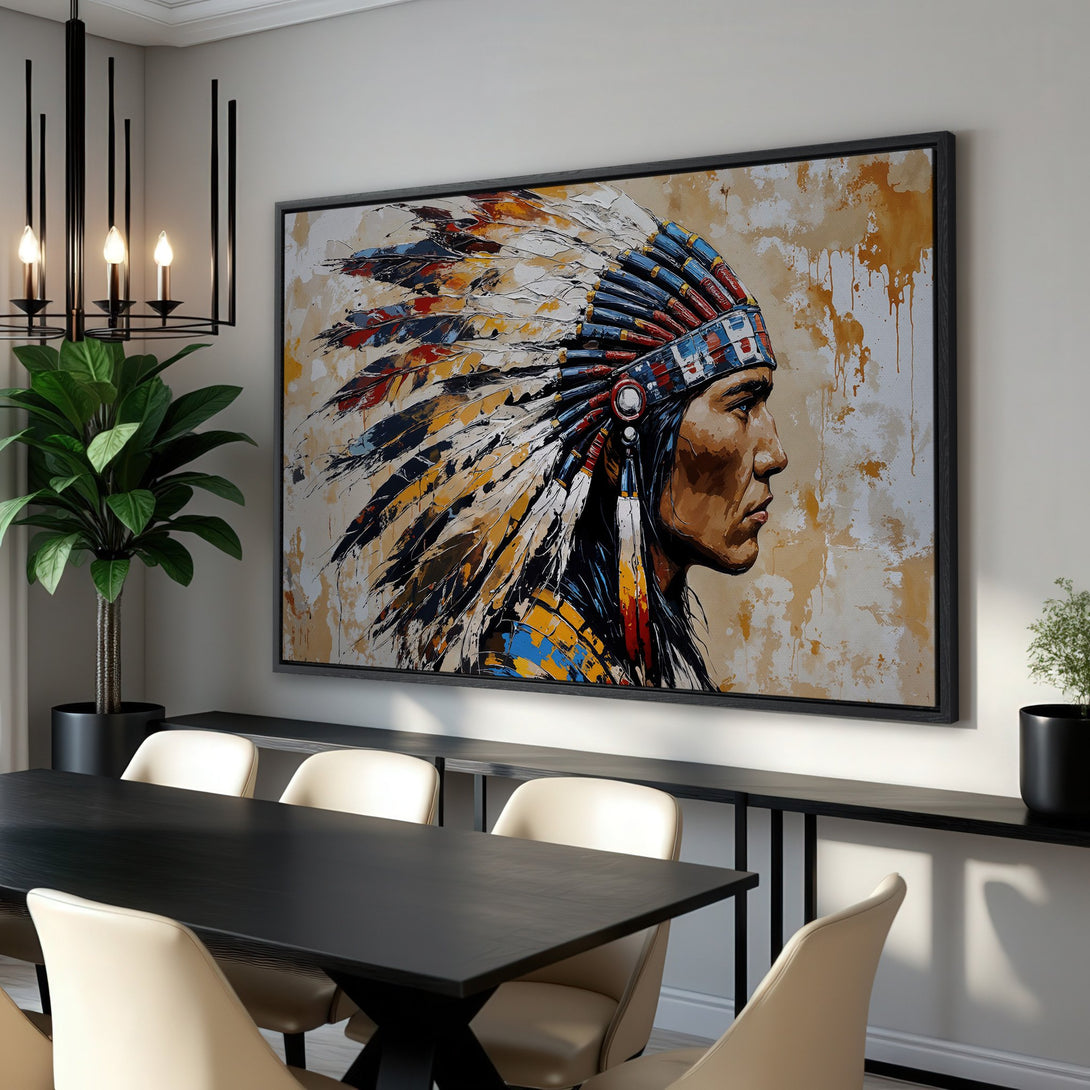 Framed Wall Art: Native American portrait canvas print. Bold colors and expressive brushstrokes. Perfect for adding a touch of art to your space.