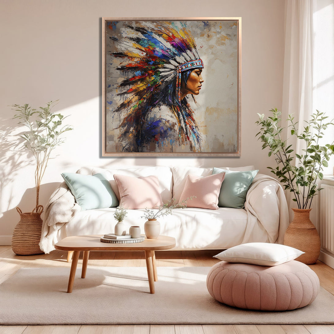 Framed Wall Art: Colorful Native American portrait in a modern abstract style. Features a warm, neutral color palette with pops of vibrant color. Perfect for any space!