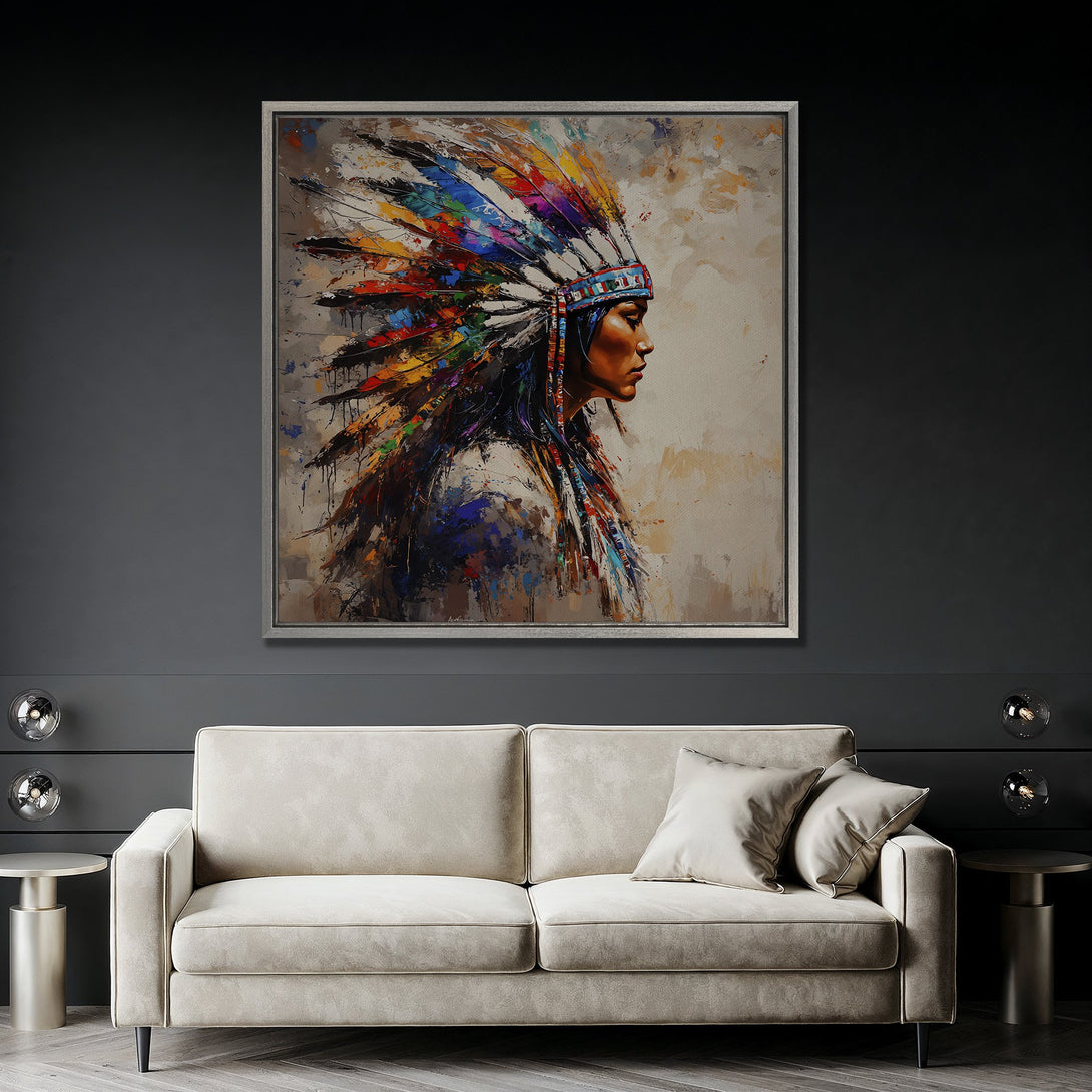 Framed Wall Art featuring a Native American portrait in a vibrant, abstract style with a colorful palette. Enhance your space with this stunning Canvas Print!