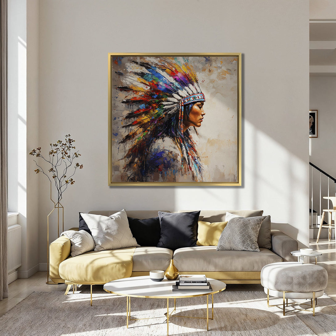 Canvas Print of Native American portrait with vibrant colors. Abstract style art with a warm, inviting palette. Perfect wall decor.