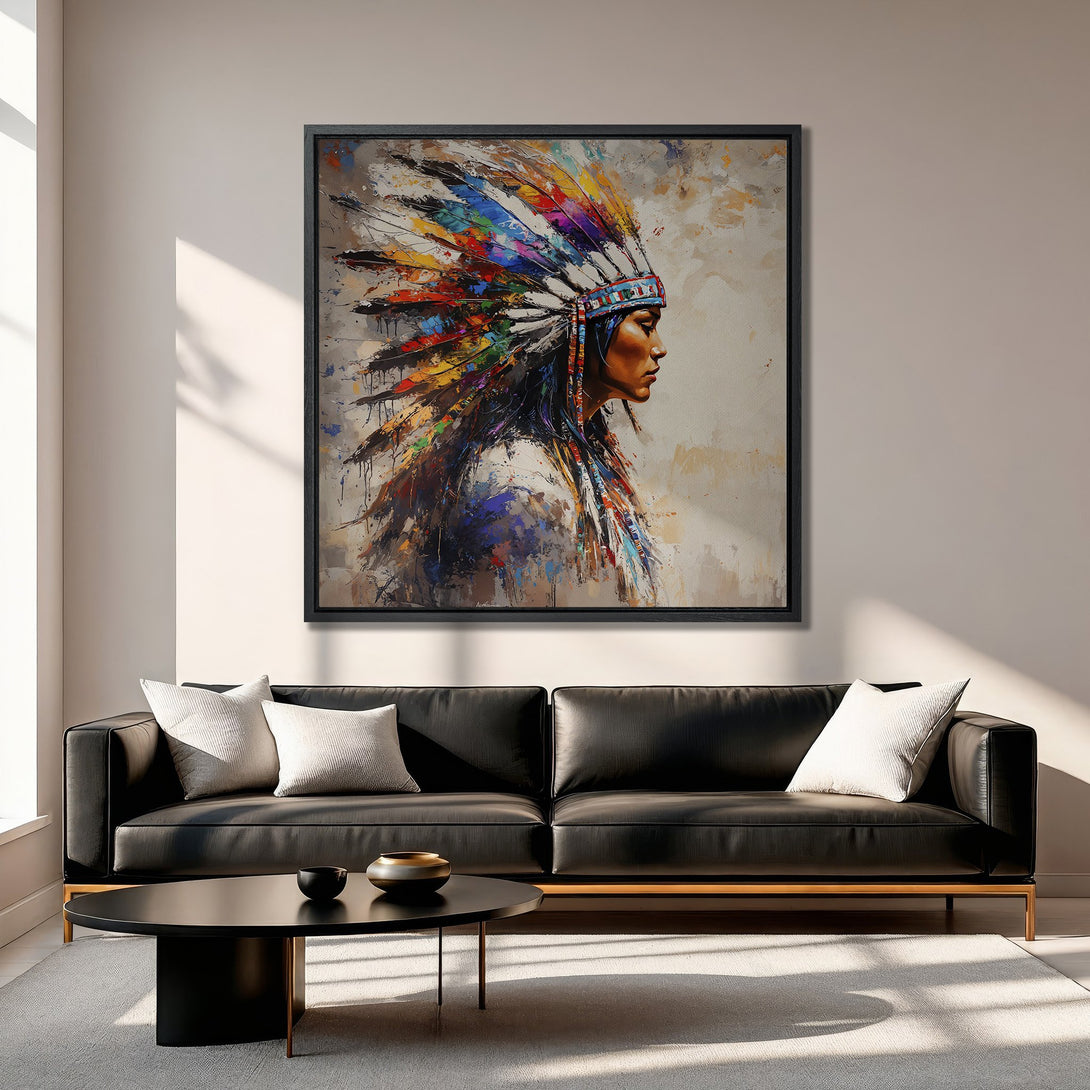 Framed Wall Art: Native American portrait canvas print with vibrant colors. Abstract style, featuring a profile against a neutral background. Perfect for home decor.