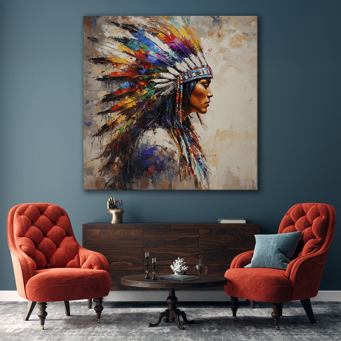 Framed Wall Art: Stunning Native American portrait with vibrant colors. Abstract style canvas print adds a touch of elegance to any living space.