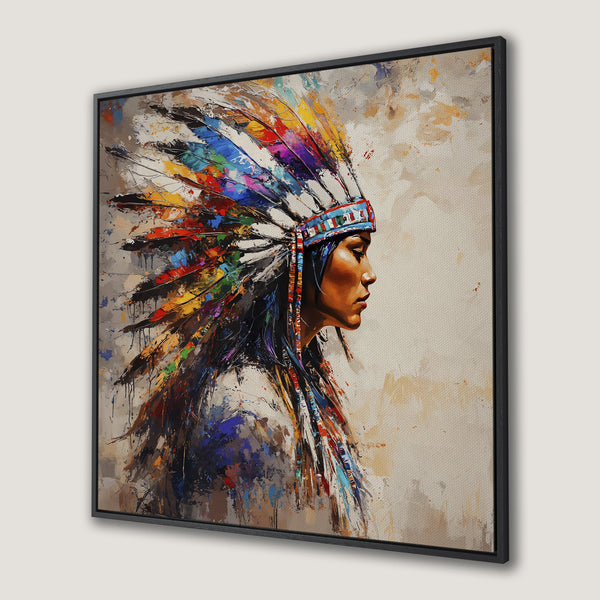 Framed Wall Art of Native American woman with vibrant headdress. Abstract style, colorful palette. Perfect for adding art to your home!