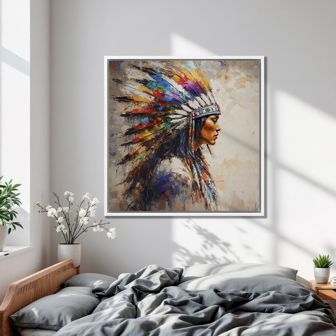 Framed Wall Art: Native American portrait Canvas Print, vibrant colors in a bedroom. Abstract style with a neutral and colorful palette.