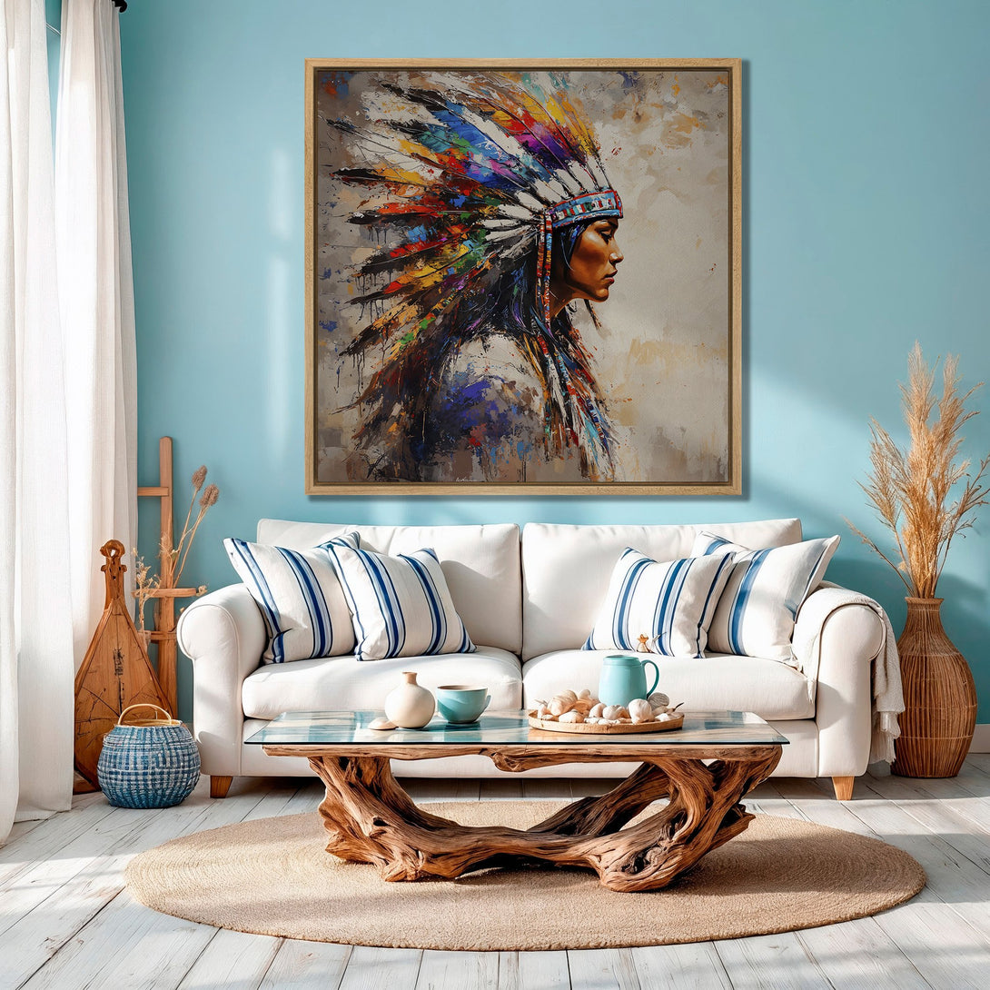 Framed Wall Art featuring a Native American portrait with a vibrant, colorful headdress. Modern abstract style with a warm, earthy color palette. Perfect for home decor.