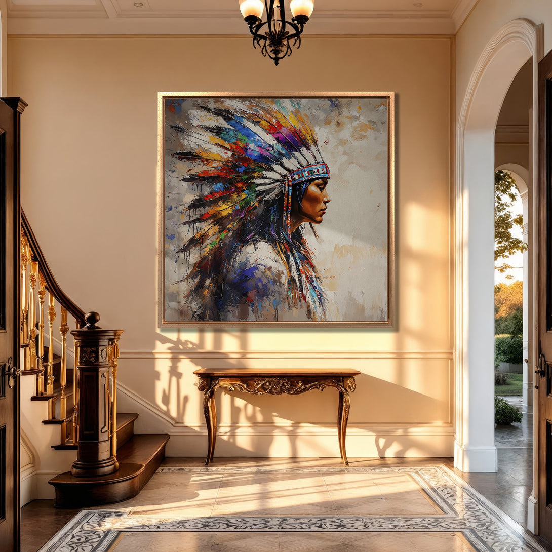 Framed Wall Art: Abstract portrait of Native American in colorful headdress. Stunning artwork with warm, neutral tones. Perfect for adding a touch of elegance.