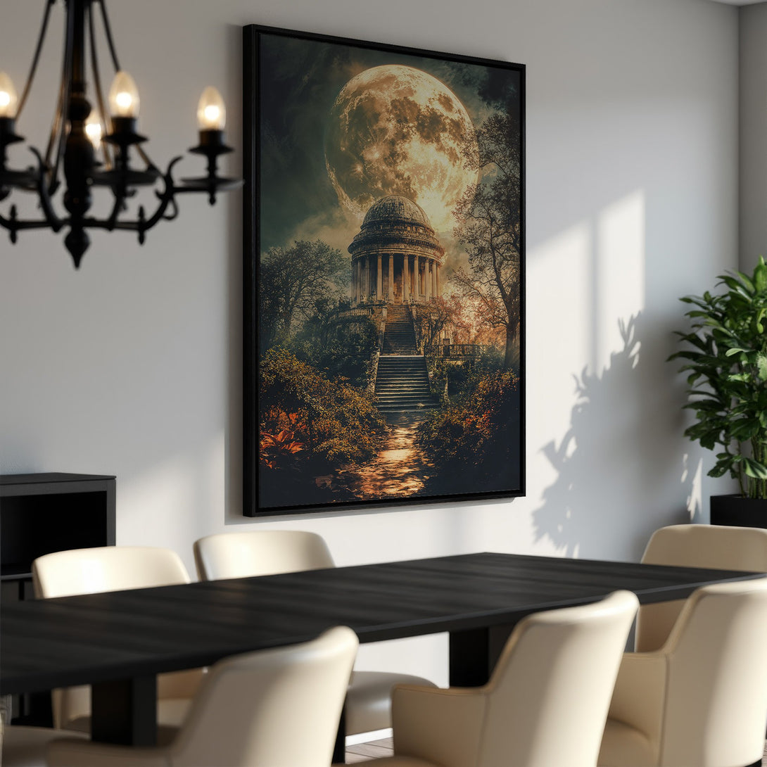 Framed Wall Art featuring a stunning moonlit landscape with a classical building. Warm, earthy tones create a dramatic and inviting atmosphere. Perfect for any dining room!