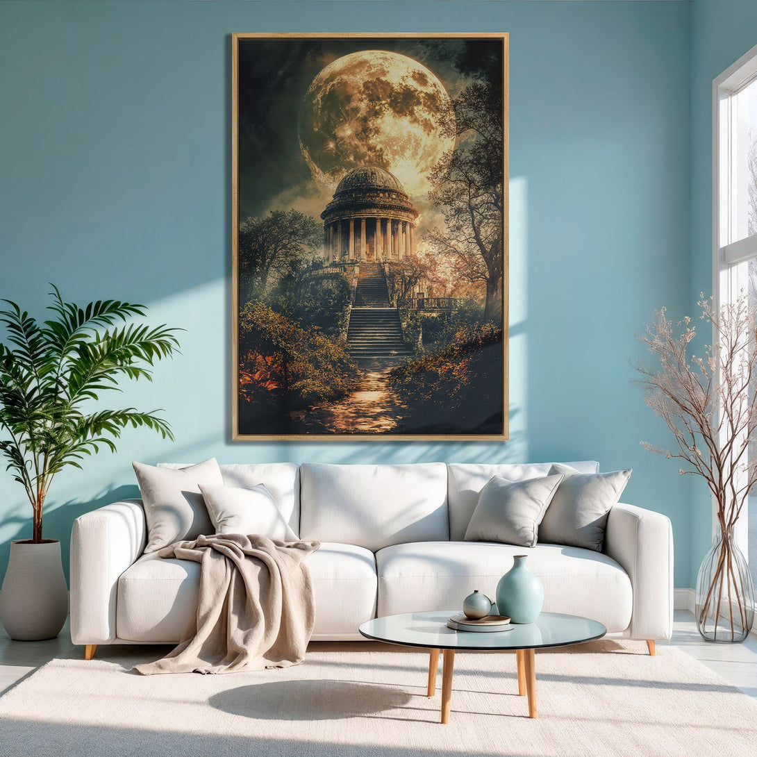Framed Wall Art: Dramatic moonlit temple scene. Earthy tones & moody aesthetic. Perfect for adding a touch of mystery to your living room. Shop now!