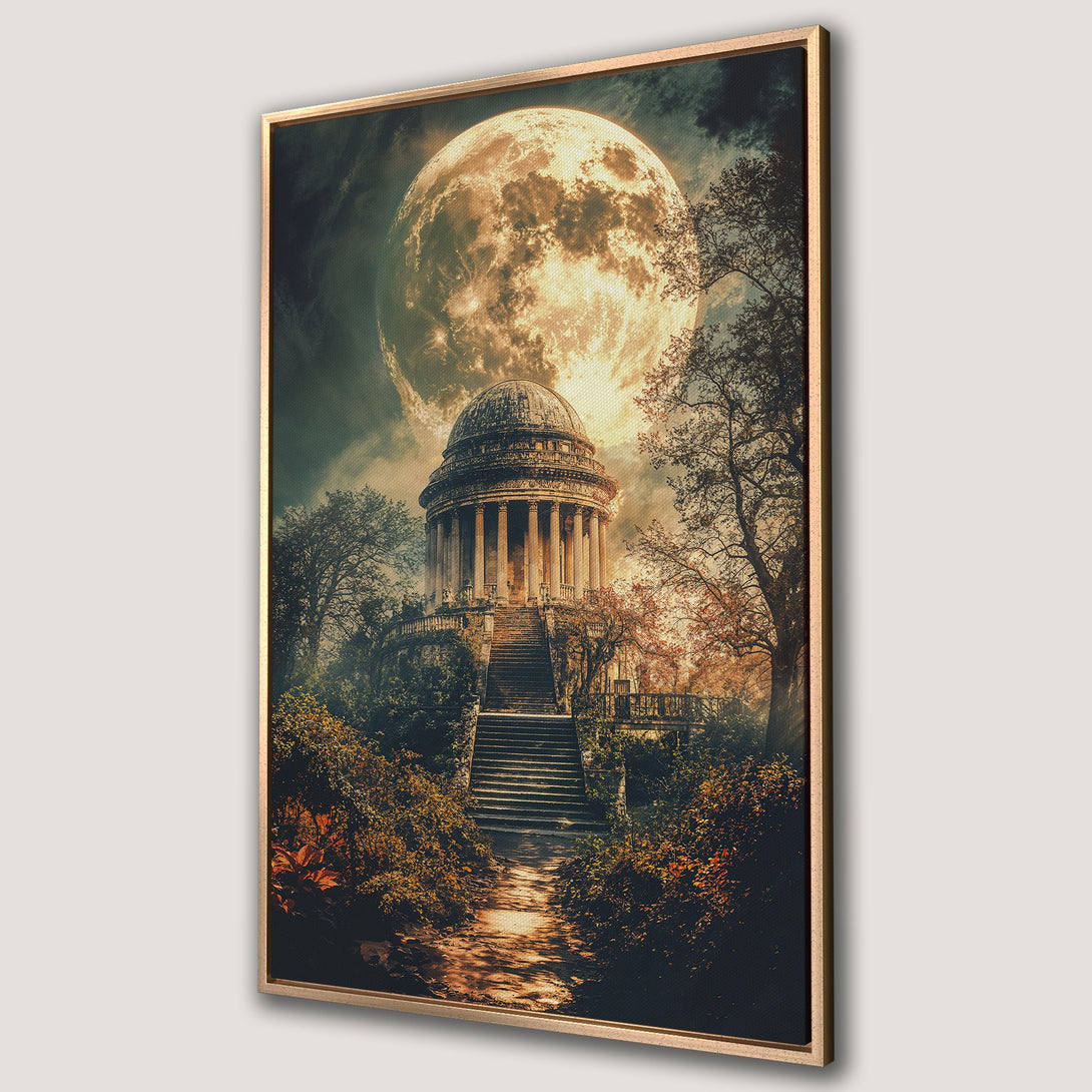 Framed Wall Art: Dramatic fantasy scene featuring a classical building under a large moon. Warm, moody color palette. Perfect for adding a touch of mystery.