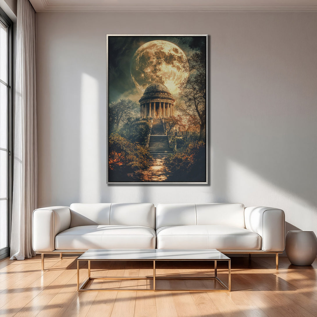 Framed Wall Art: Majestic moonlit temple scene in warm tones. Enhance your space with this stunning canvas print, perfect for any interior.