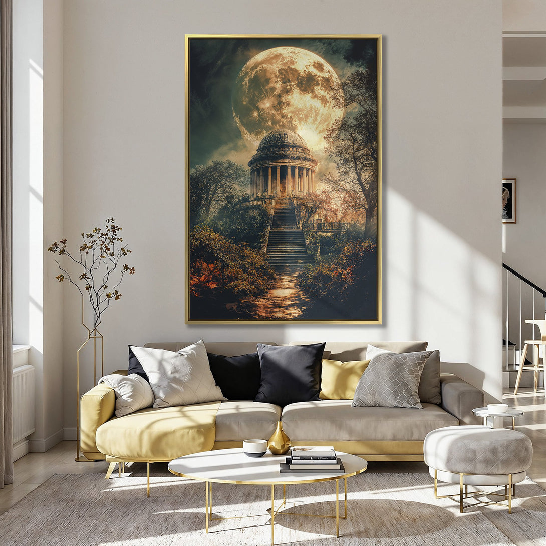 Canvas Print of a moonlit temple scene in warm, earthy tones. Perfect wall art for a touch of fantasy and elegance.