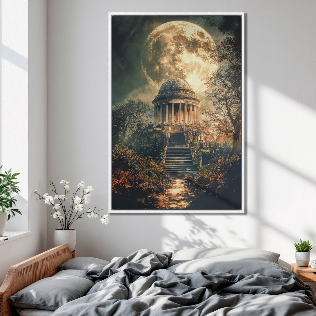 Framed Wall Art: Majestic moonlit temple scene in warm tones. A stunning canvas print to elevate your bedroom decor.