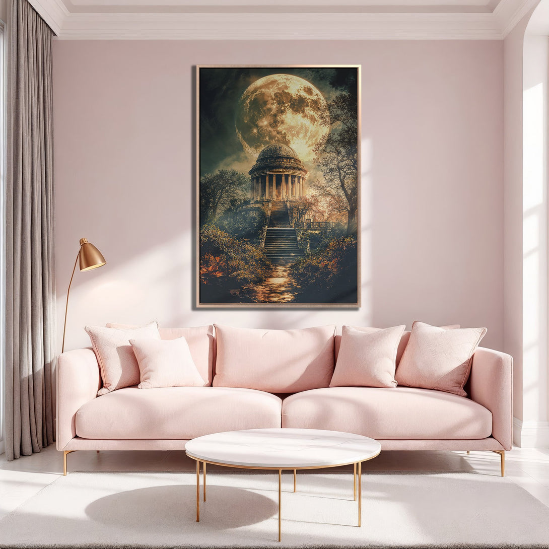Framed Wall Art: Dreamy moonlit temple scene in warm tones. Adds a touch of elegance to any space. Perfect for living rooms. Shop our Canvas Print collection today!
