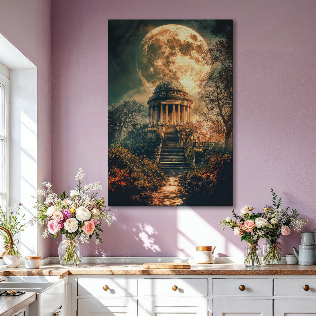 Framed Wall Art: Majestic moonlit temple canvas print in warm, earthy tones. Perfect for adding a touch of elegance and mystery to your home decor.