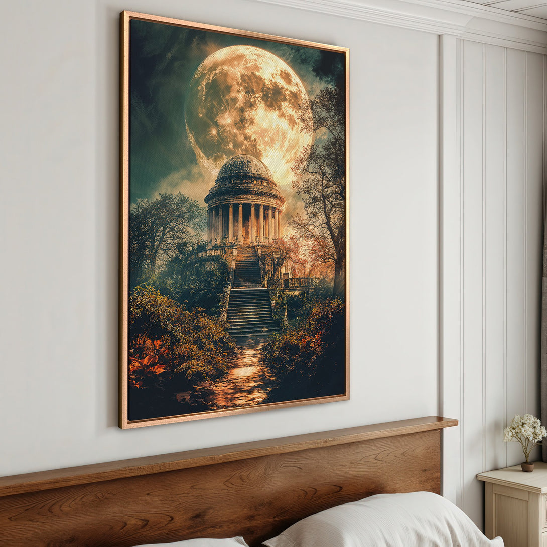 Framed Wall Art: Fantasy landscape canvas print with a glowing moon, temple, and warm color palette, perfect for bedroom decor.