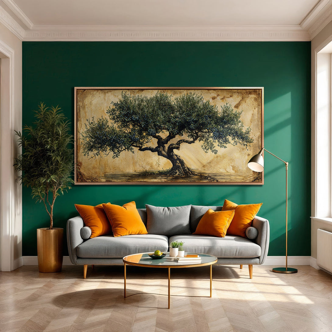 Framed Wall Art featuring a majestic olive tree painting, perfect for a modern living room. Earthy tones and deep green create a stylish, inviting atmosphere.