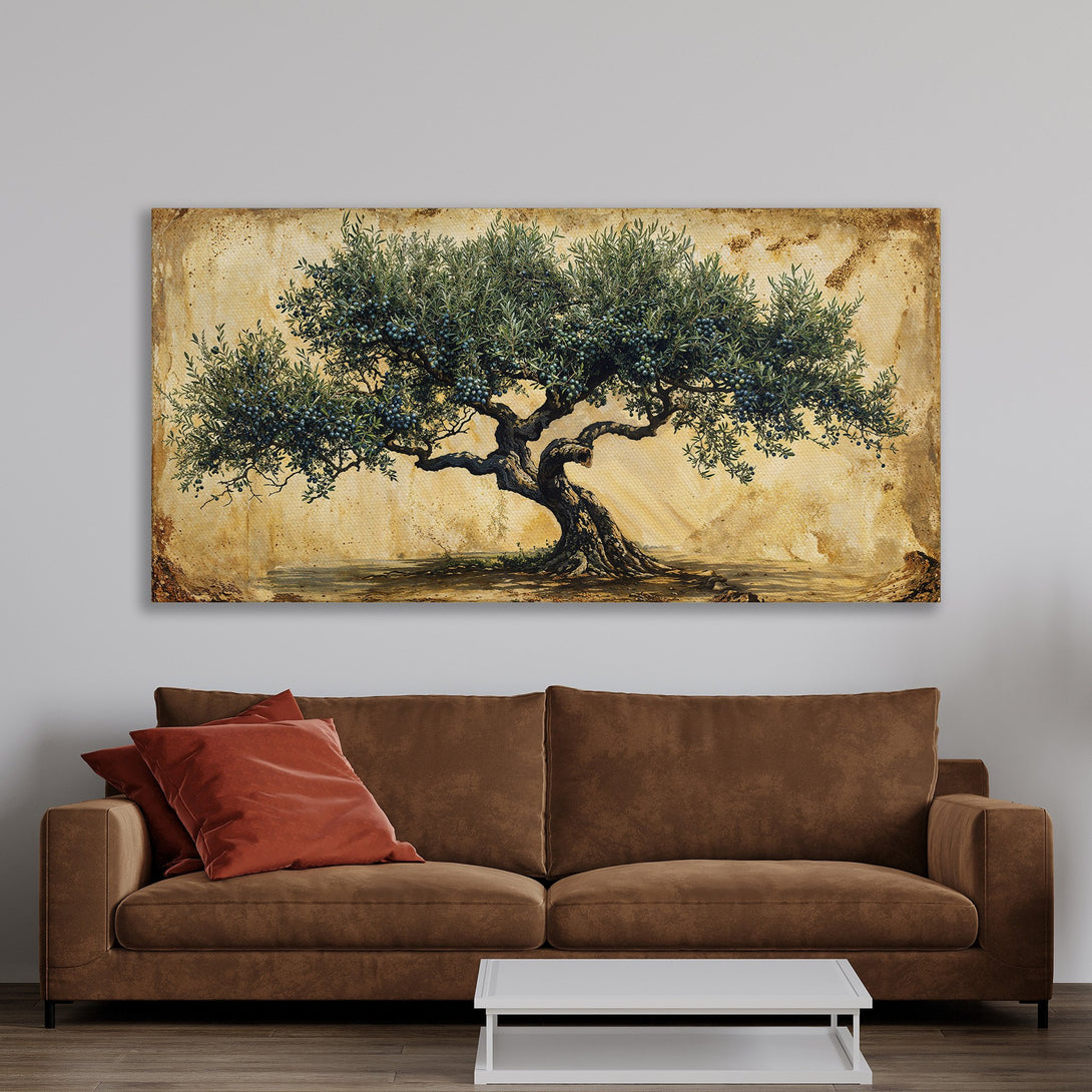 Framed Wall Art: Olive tree painting in warm tones. Rustic style canvas print adds a touch of nature to any interior. Shop now for home decor!