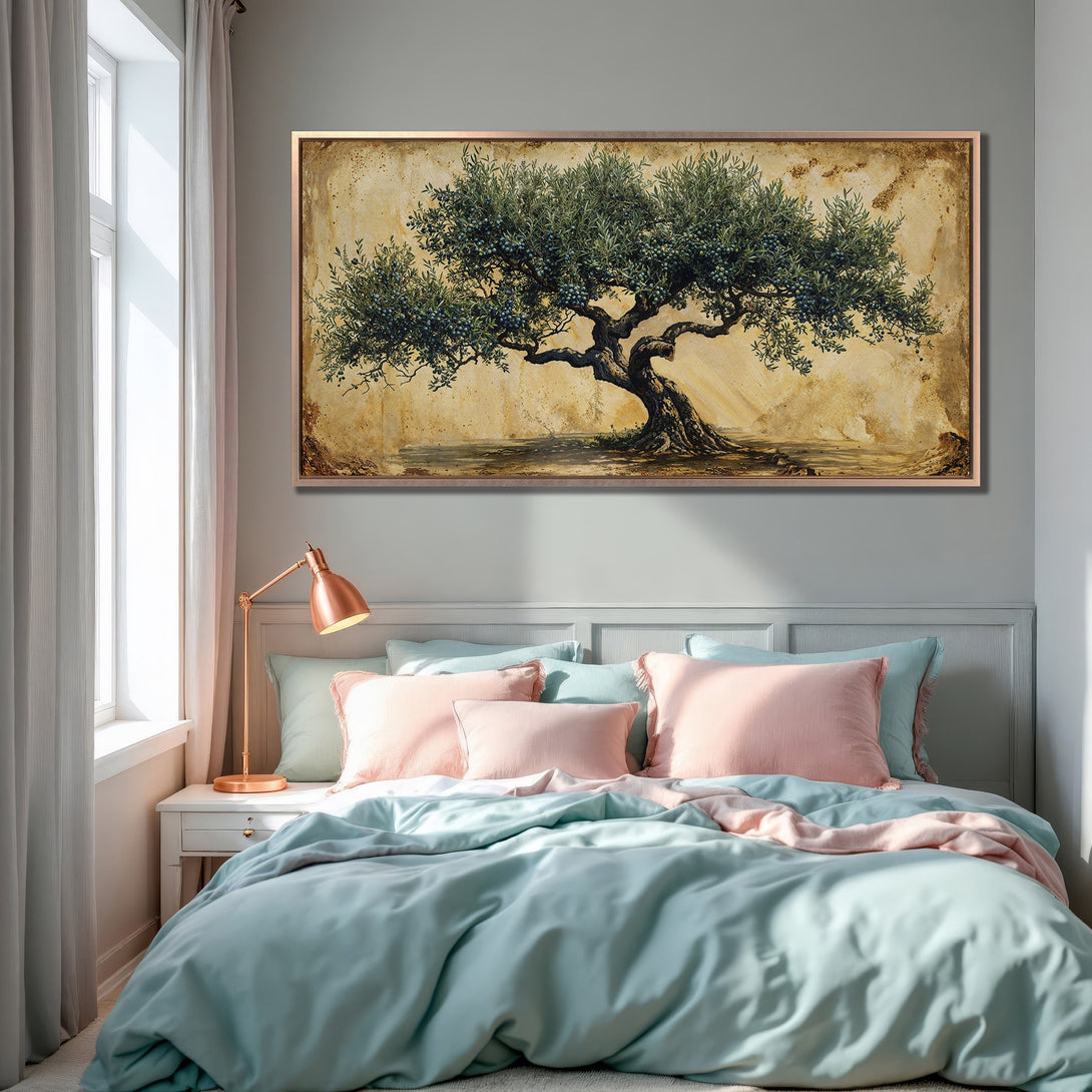Framed Wall Art: Olive tree painting in a bedroom. Earthy tones with green, blue, and pink accents create a calming, stylish interior. Enhance your space!
